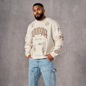 YOUNGLA Men's Sweater/Top # 8046 Cream Wash BMF Long Sleeves 100% Cotton Size L